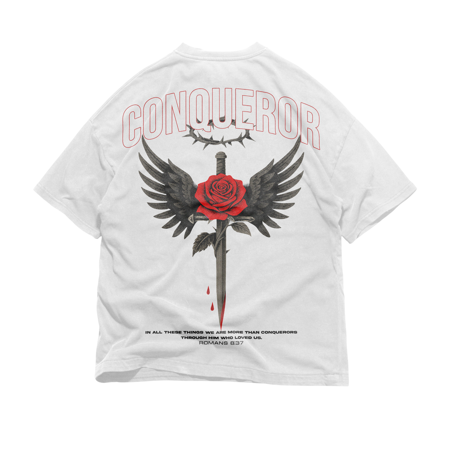 Saint wearing CONQUEROR Tee — Christian streetwear tee for the called