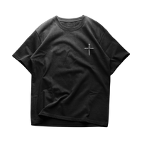 Close-up of scripture-led print on FEARLESS Oversized Tee — HEVN faith-based apparel