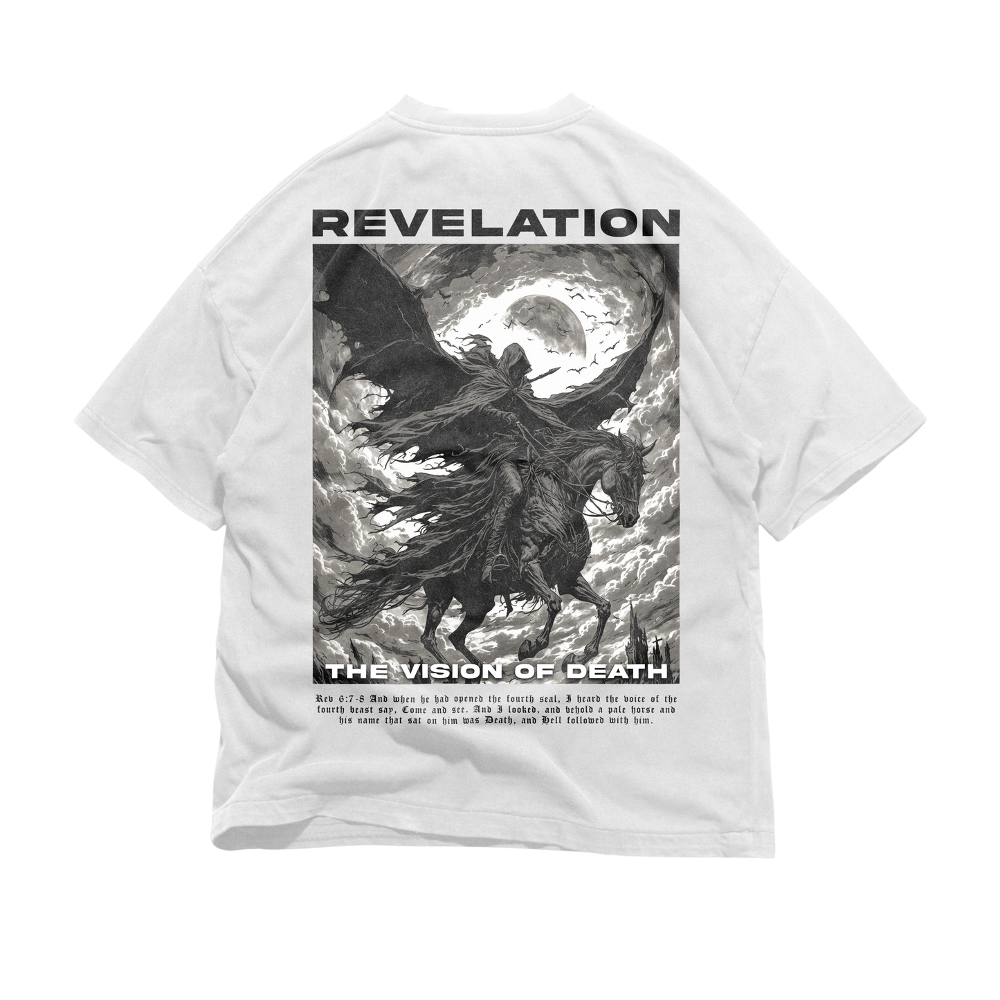 Back graphic of REVELATION Oversized Tee — heavyweight oversized Christian tee inspired by Revelation 1