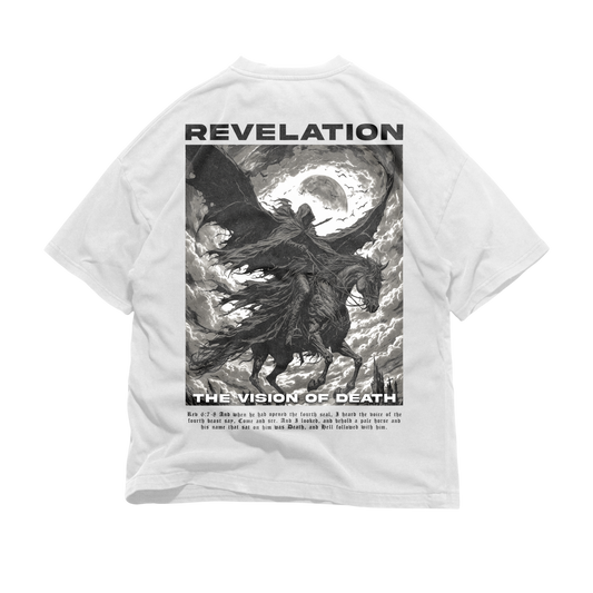 Back graphic of REVELATION Oversized Tee — heavyweight oversized Christian tee inspired by Revelation 1
