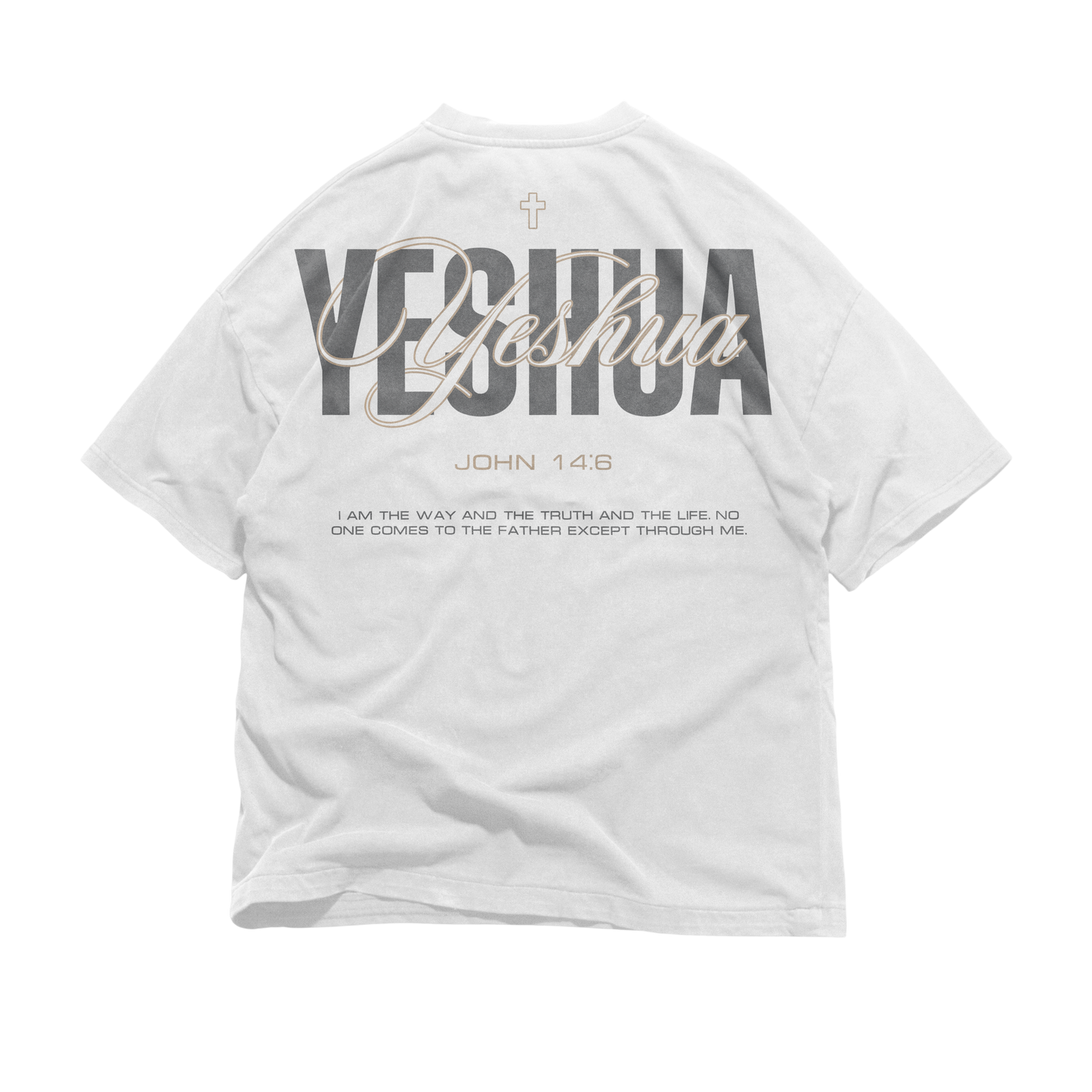 Back graphic of YESHUA Oversized Tee — heavyweight oversized Christian tee inspired by Yeshua — Matthew 1:21