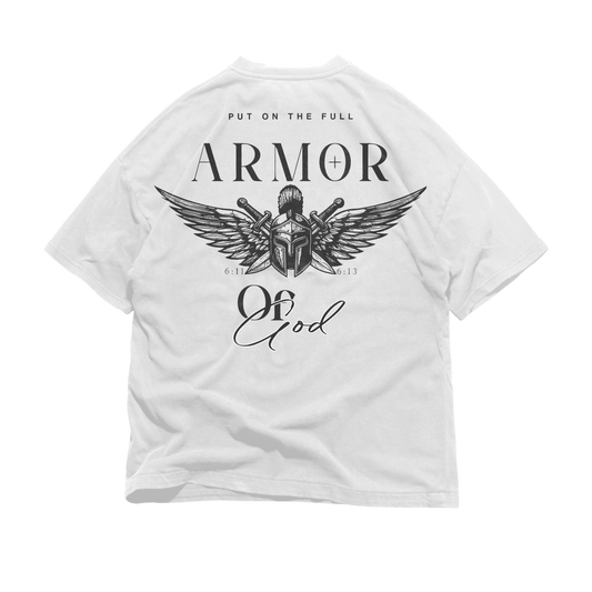 Back graphic of ARMOR Oversized Tee — heavyweight oversized Christian tee inspired by Armor of God — Ephesians 6