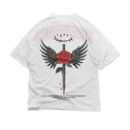 Saint wearing CONQUEROR Oversized Tee — Christian streetwear oversized tee for the called